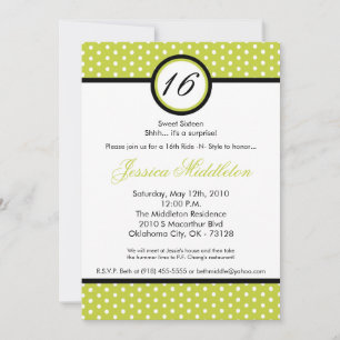 Invitation 5x7 Green White Polka Dot 16ème anniversaire Invit