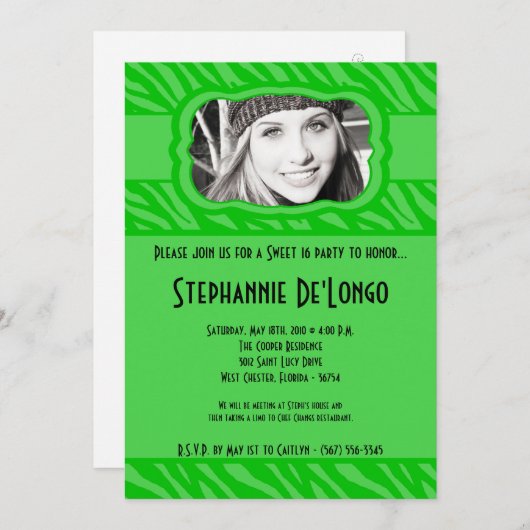 Invitation 5x7 Green Zebra PHOTO Sweet 16 Anniversaire Invita (Devant / Derrière)