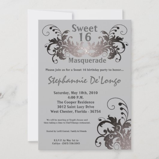 Invitation 5x7 Gris Masquerade Sweet 16 Anniversaire Invitati (Devant)