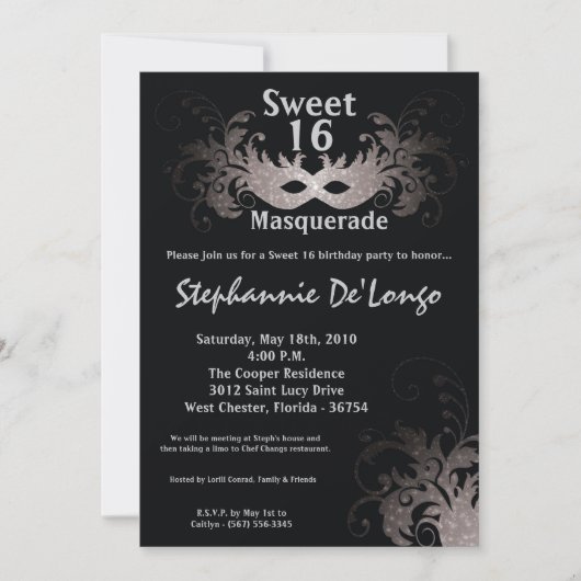 Invitation 5x7 Gris Masquerade Sweet 16 Anniversaire Invitati (Devant)