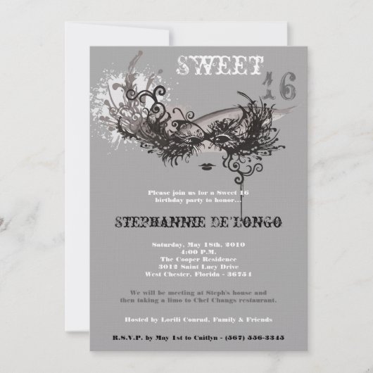 Invitation 5x7 Gris Masquerade Sweet 16 Anniversaire Invitati (Devant)