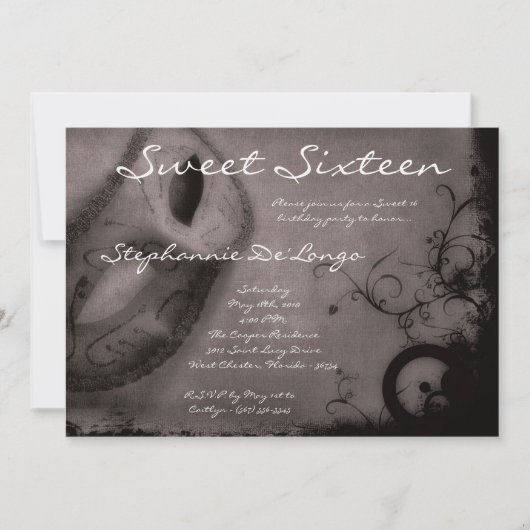 Invitation 5x7 Gris Masquerade Sweet 16 Anniversaire Invitati (Devant)
