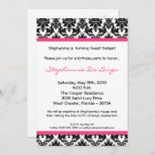 Invitation 5x7 Hot Pink Blac Damask Anniversaire de fête (Devant / Derrière)