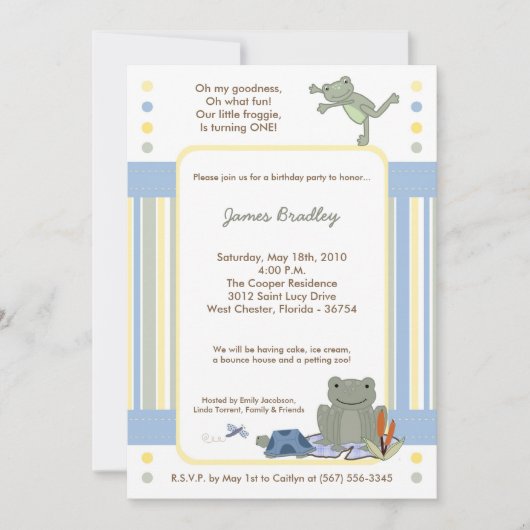 Invitation 5x7 Leap Frog Turtle Bee Anniversaire Fête Invitat (Devant)