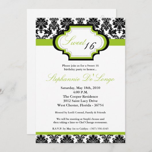 Invitation 5x7 Lime Green Damask Sweet 16 Anniversaire Invita (Devant / Derrière)