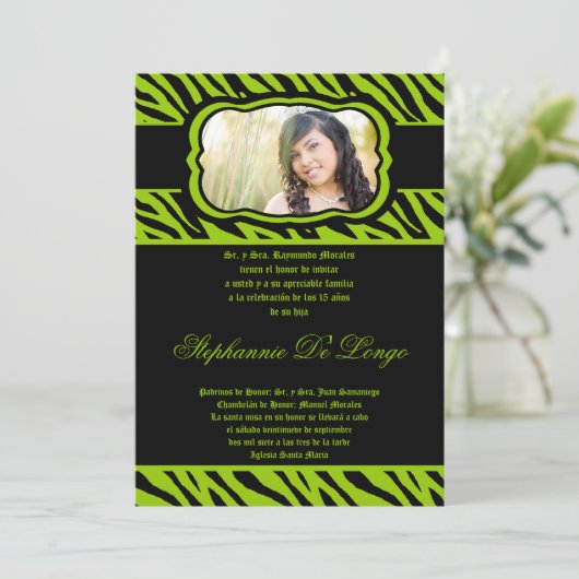 Invitation 5x7 Lime Green Zebra Imprimer Quinceanera Invitati (Debout devant)