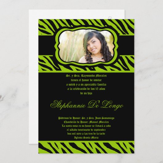 Invitation 5x7 Lime Green Zebra Imprimer Quinceanera Invitati (Devant / Derrière)