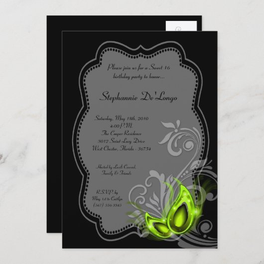 Invitation 5x7 Lime Masquerade Sweet 16 Anniversaire Invitati (Devant / Derrière)
