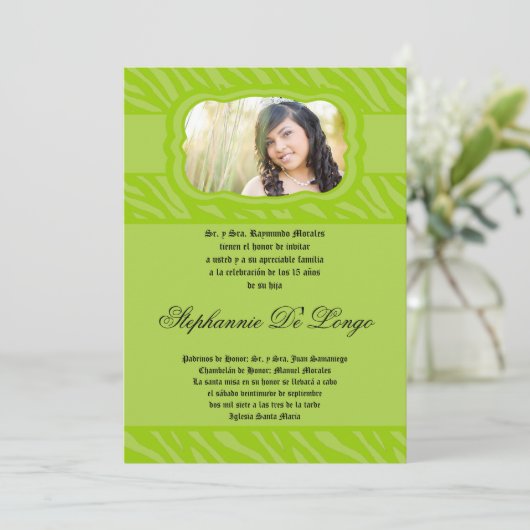 Invitation 5x7 Lime Zebra Imprimer Patter Quinceanera Invitat (Debout devant)