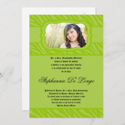 Invitation 5x7 Lime Zebra Imprimer Patter Quinceanera Invitat (Devant / Derrière)