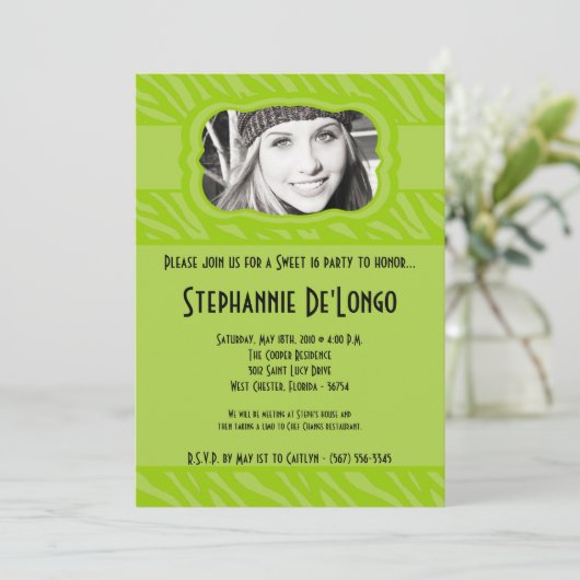 Invitation 5x7 Lime Zebra PHOTO Sweet 16 Anniversaire Invitat (Debout devant)