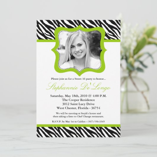 Invitation 5x7 Lime Zebra PHOTO Sweet 16 Anniversaire Invitat (Debout devant)