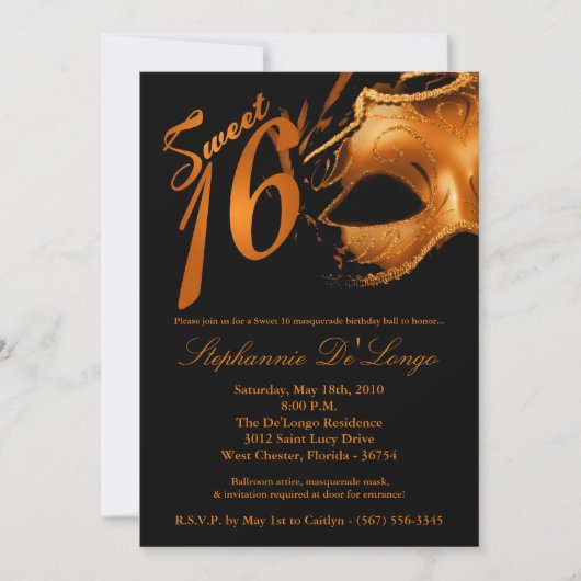 Invitation 5x7 Masquerade Mask Sweet 16 Anniversaire Invitati (Devant)