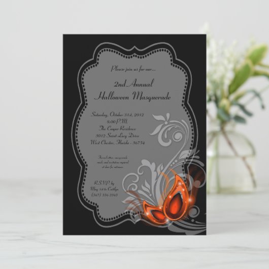 Invitation 5x7 Masquerade orange Halloween Costume Invite (Debout devant)