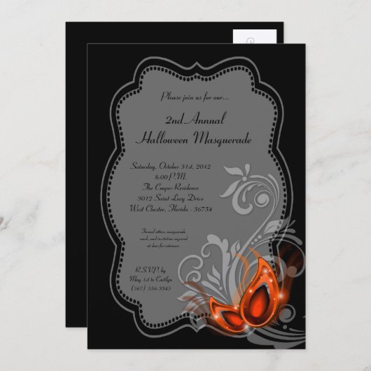Invitation 5x7 Masquerade orange Halloween Costume Invite (Devant / Derrière)