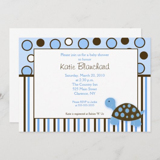 Invitation 5x7 Mod Turtle Blue Baby shower à points tendance (Devant / Derrière)