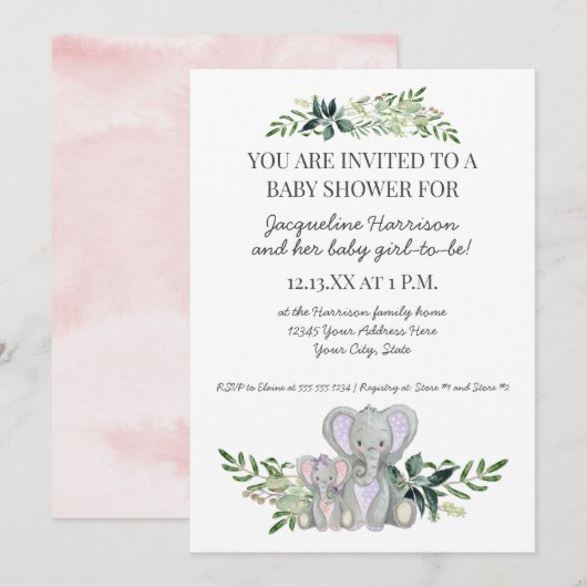 Invitation 5x7 Mommy Baby Elephant Foliage Blush Rose Douche (Devant / Derrière)