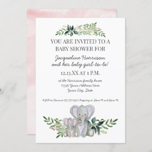 Invitation 5x7 Mommy Baby Elephant Foliage Blush Rose Douche