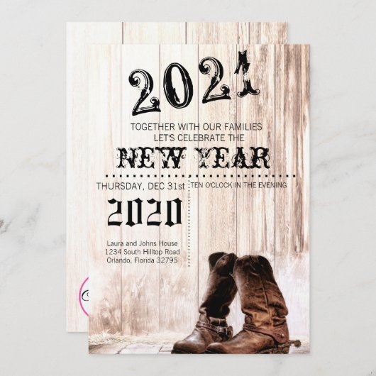 Invitation 5x7 Nouvel An L'Invitation Boots Country Rustic (Devant / Derrière)