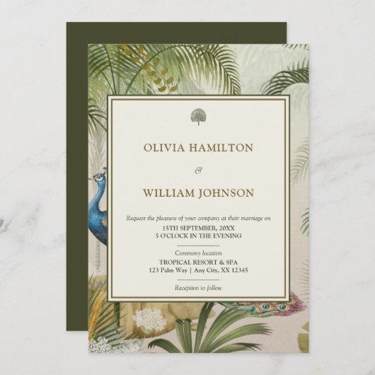 Invitation 5x7 Olive Green Tropical Peacock Palm Mariage (Devant / Derrière)