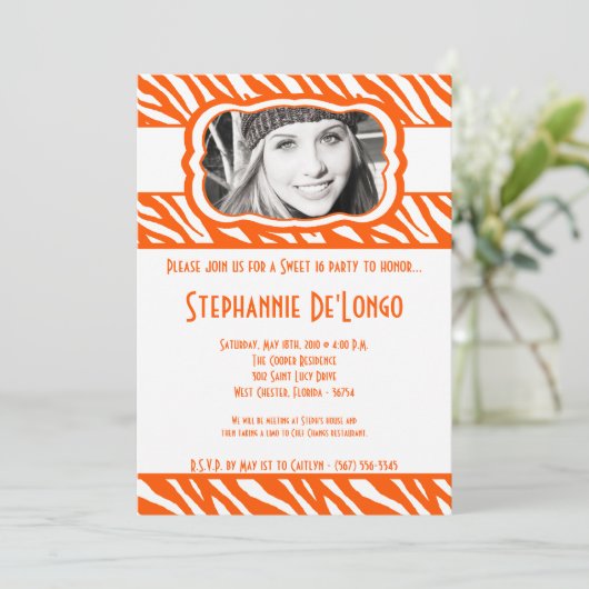 Invitation 5x7 Orang Zebra PHOTO Sweet 16 Anniversaire Invita (Debout devant)