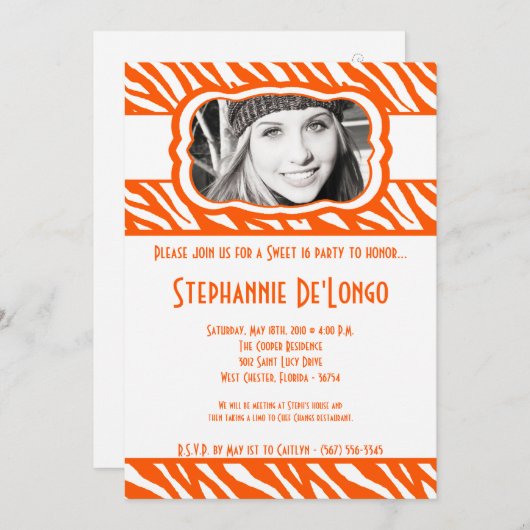 Invitation 5x7 Orang Zebra PHOTO Sweet 16 Anniversaire Invita (Devant / Derrière)
