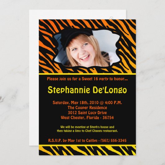 Invitation 5x7 Orang Zebra PHOTO Sweet 16 Anniversaire Invita (Devant / Derrière)