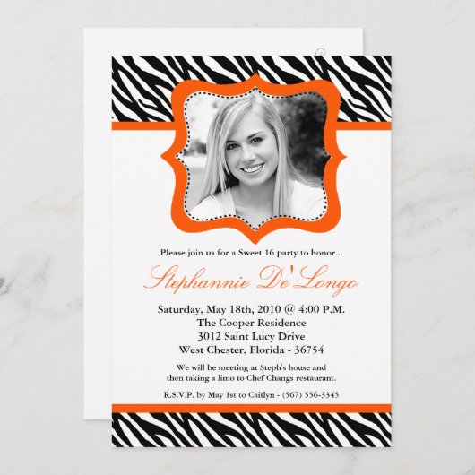 Invitation 5x7 Orang Zebra PHOTO Sweet 16 Anniversaire Invita (Devant / Derrière)