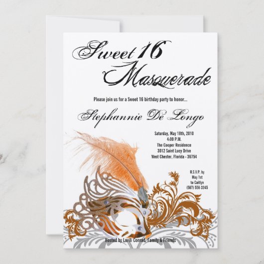 Invitation 5x7 Orange Masquerade Sweet 16 Anniversaire Invita (Devant)