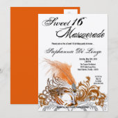 Invitation 5x7 Orange Masquerade Sweet 16 Anniversaire Invita (Devant / Derrière)