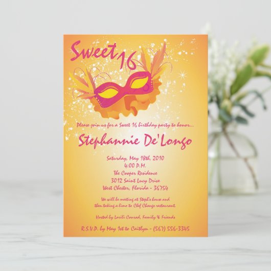 Invitation 5x7 Orange Masquerade Sweet 16 Anniversaire Invita (Debout devant)