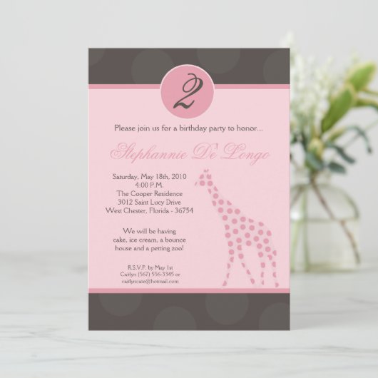 Invitation 5x7 Pink Poka Dot Giraffe Anniversaire Par Invitat (Debout devant)