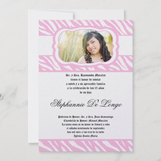 Invitation 5x7 Pink Zebra Imprimer Patter Quinceanera Invitat (Devant)