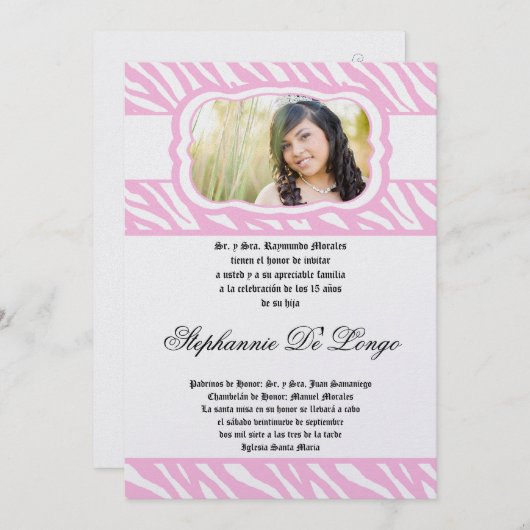 Invitation 5x7 Pink Zebra Imprimer Patter Quinceanera Invitat (Devant / Derrière)
