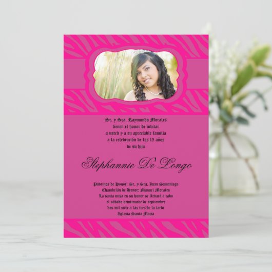 Invitation 5x7 Pink Zebra Imprimer Patter Quinceanera Invitat (Debout devant)