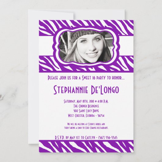Invitation 5x7 Purpl Zebra PHOTO Sweet 16 Anniversaire Invita (Devant)