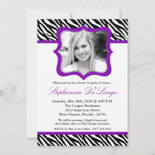 Invitation 5x7 Purpl Zebra PHOTO Sweet 16 Anniversaire Invita