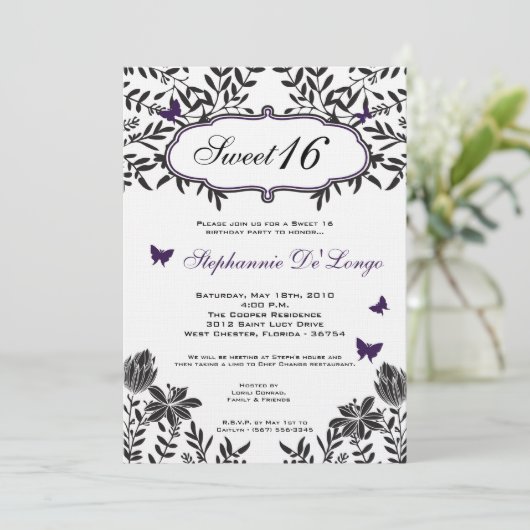 Invitation 5x7 Purple Butterfly Sweet 16 Anniversaire Invitat (Debout devant)