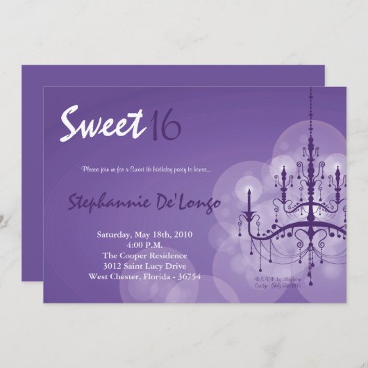 Invitation 5x7 Purple Chandelier Sweet 16 Anniversaire Invita (Devant / Derrière)