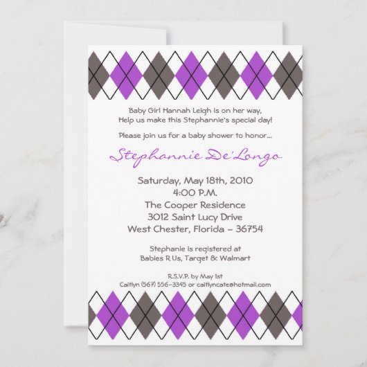 Invitation 5x7 Purple Grey Jacquard Punk Baby shower Invitati (Devant)