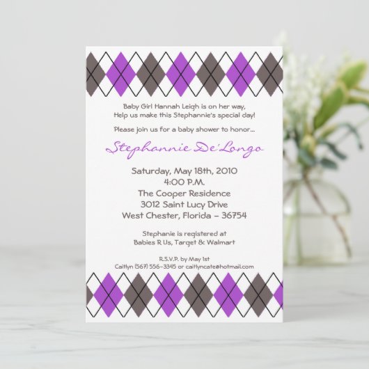 Invitation 5x7 Purple Grey Jacquard Punk Baby shower Invitati (Debout devant)