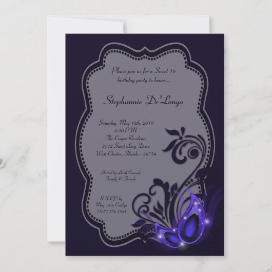 Invitation 5x7 Purple Masquerade Sweet 16 Anniversaire Invita (Devant)
