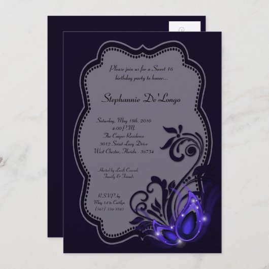 Invitation 5x7 Purple Masquerade Sweet 16 Anniversaire Invita (Devant / Derrière)