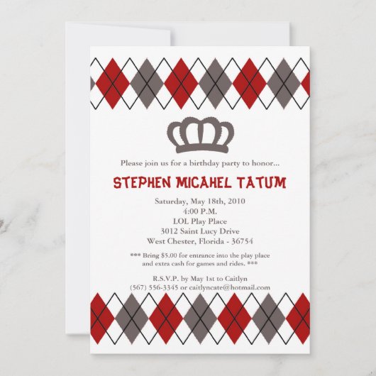 Invitation 5x7 Red Gra Jacquard Couronne Anniversaire Fête In (Devant)