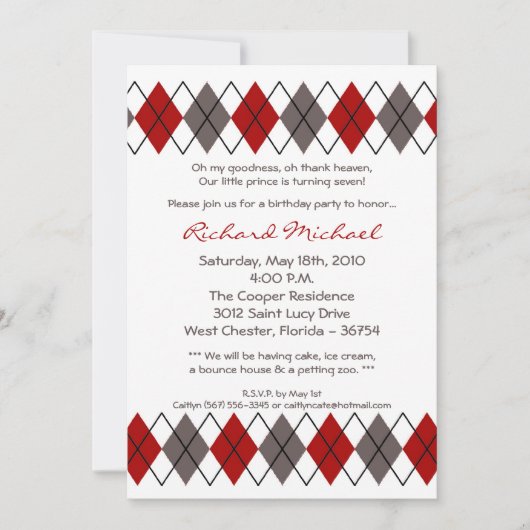 Invitation 5x7 Red Grey Jacquard Punk Anniversaire Fête Invit (Devant)