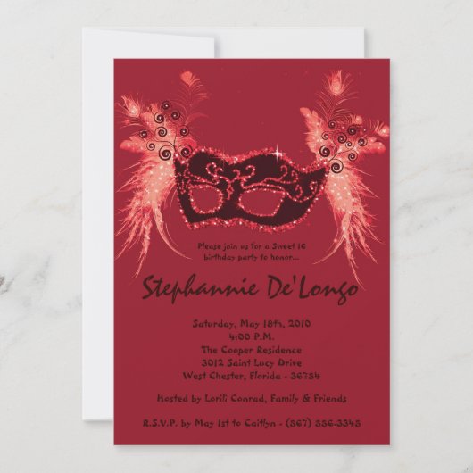 Invitation 5x7 Red Masquerade Sweet 16 Anniversaire Invitatio (Devant)