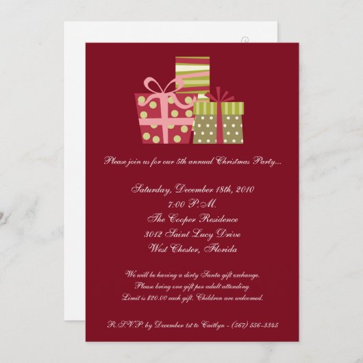 Invitation 5x7 Red XMAS présente l'invitation de Noël (Devant / Derrière)