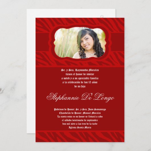 Invitation 5x7 Red Zebra Imprimer Patter Quinceanera Invitati (Devant / Derrière)