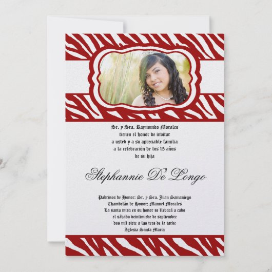 Invitation 5x7 Red Zebra Imprimer Patter Quinceanera Invitati (Devant)