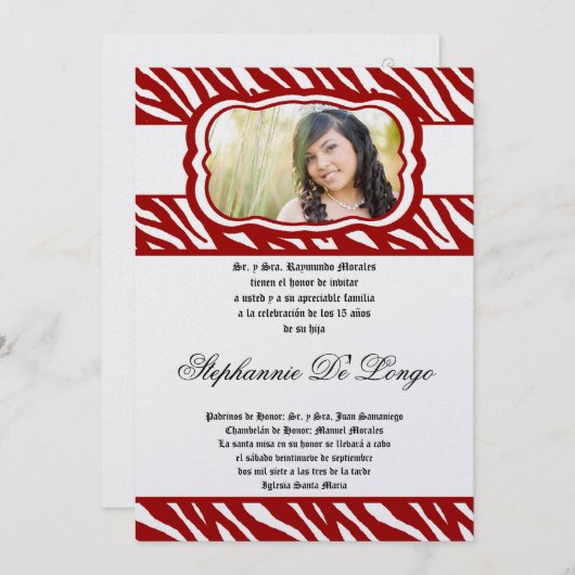 Invitation 5x7 Red Zebra Imprimer Patter Quinceanera Invitati (Devant / Derrière)